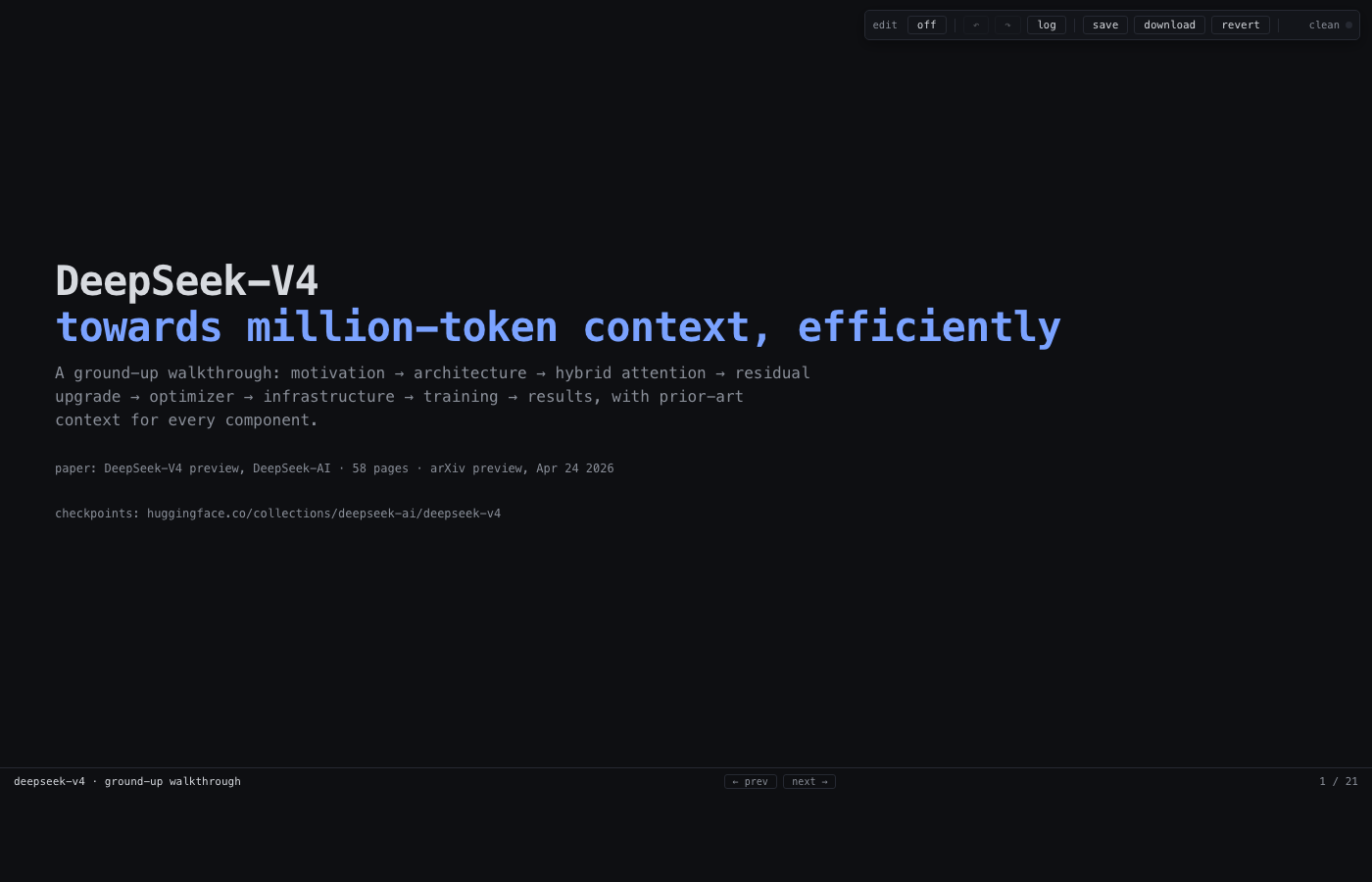 screenshot of the deepseek-v4 deck with the live editor toolbar visible
